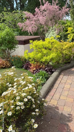 English front garden with flowering shrubs on a sunny spring day in England