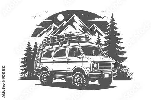 Vintage camper van with roof rack set against a mountainous backdrop