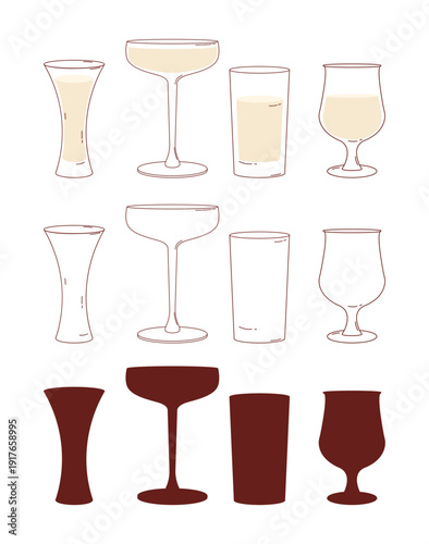 Cocktail Glassware Hand Drawn Set. Isolated Empty Outline and Silhouette Variations Glass Drawings. Vector Illustration