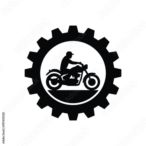 A black silhouette of a motorcyclist riding within a gear symbol