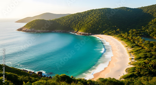 High angle view of secluded tropical beach cove with turquoise w