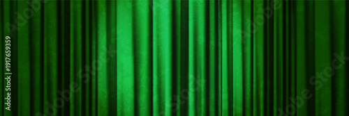 Closed green silk curtains with a spotlight and vignetting as bg for theater or circus events. Realistic aesthetic vector illustration of pleated curtains with velvet texture and gradient mesh