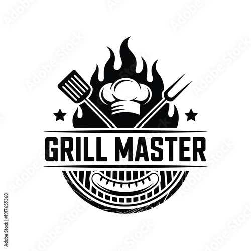 A vintage style emblem featuring grilling tools a chef s hat and flames