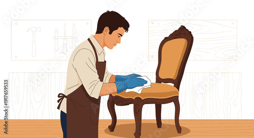 Man Polishing Antique Chair with Cloth and Gloves