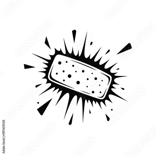 A stylized black and white illustration of a bandage exploding with energy