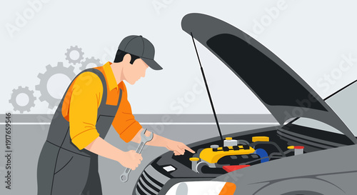 Mechanic repairing car engine under hood, tools, gears background, flat design