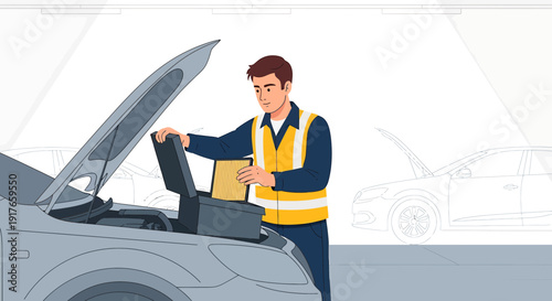 Mechanic Diagnosing Car Engine with Diagnostic Tool