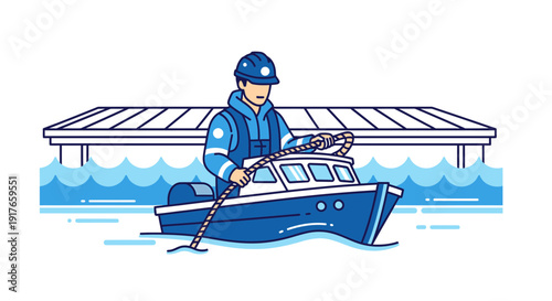 Maritime worker on boat near pier, blue water, safety helmet