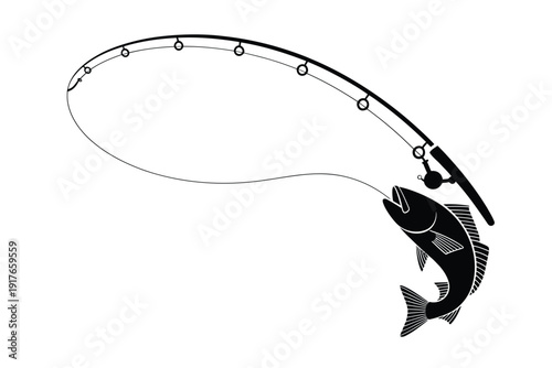 A black silhouette of a fishing rod with a caught fish