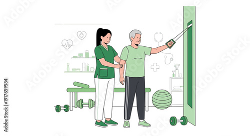 Physical therapy patient practicing arm exercise with resistance band, caregiver assisting