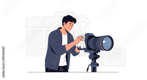 Photographer Cleaning Camera Lens with Cloth on Tripod