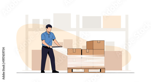 Warehouse worker wrapping pallet of boxes with plastic film, logistics and delivery concept