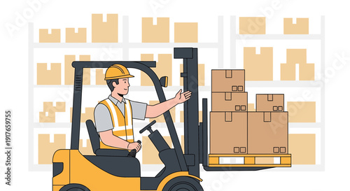 Warehouse worker operating forklift with stacked boxes on pallet