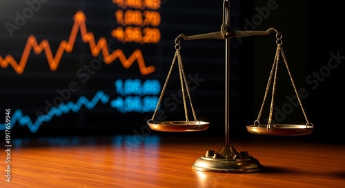 Stock market growth chart analysis with balance scale representing investment and risk management