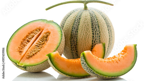 A vibrant cantaloupe with slices cut out on a clean white background