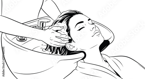 Professional hairstylist washing woman hair at salon sink vector illustration concept