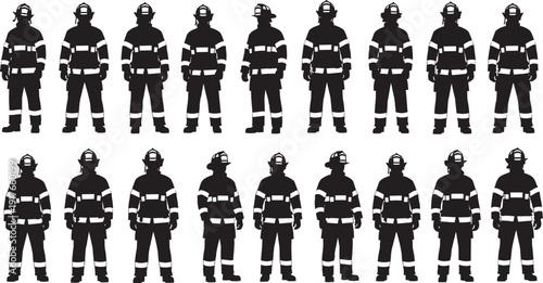 Group of twenty firefighter silhouettes in helmets and protective uniforms with reflective stripes, symbolizing emergency response, safety, teamwork, and firefighting concepts for vector illustration