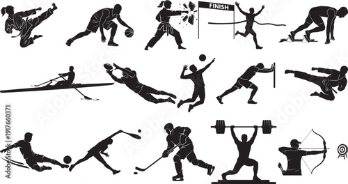 vector set of sports, karate, basketball, running, rowing, volleyball, stretching, badminton, weightlifting, hockey, archery