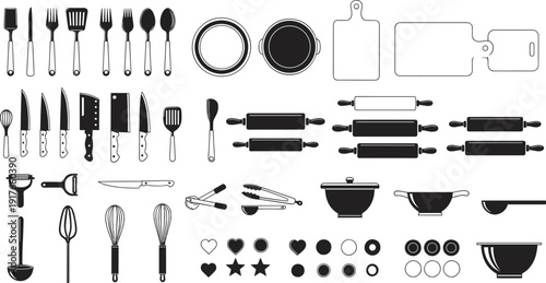 Kitchen utensil and cookware icons including spatulas, forks, knives, spoons, plates, pots, rolling pins, whisks, ladles, tongs, and baking shapes for culinary design projects