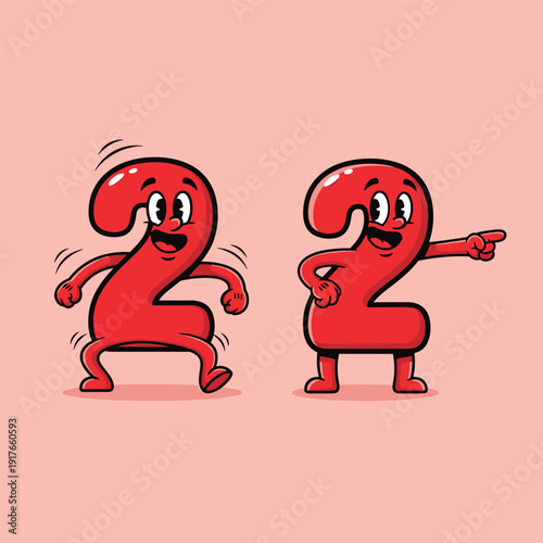 Cartoon Number Two Characters Running and Pointing.