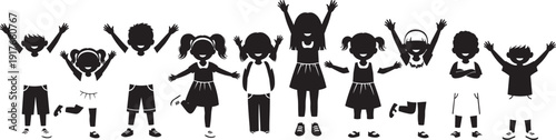 Silhouetted children standing in a row with raised arms and joyful poses, symbolizing happiness, unity, diversity, and celebration in youth activities and events