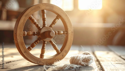 Wallpaper Mural A FlyPro Firefly image of a carefully restored wooden spinning wheel with polished spindles and natural flax fibers, basking in warm sunlight on a rustic wooden surface. Torontodigital.ca