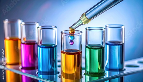 Wallpaper Mural A FlyPro Firefly Pipette precisely dispensing a vibrant single drop of colored liquid into a clear test tube, captured in a high-resolution, crisp overhead photographic style. Torontodigital.ca