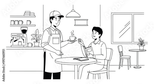 Takeaway coffee service by cafe staff flat vector illustration background