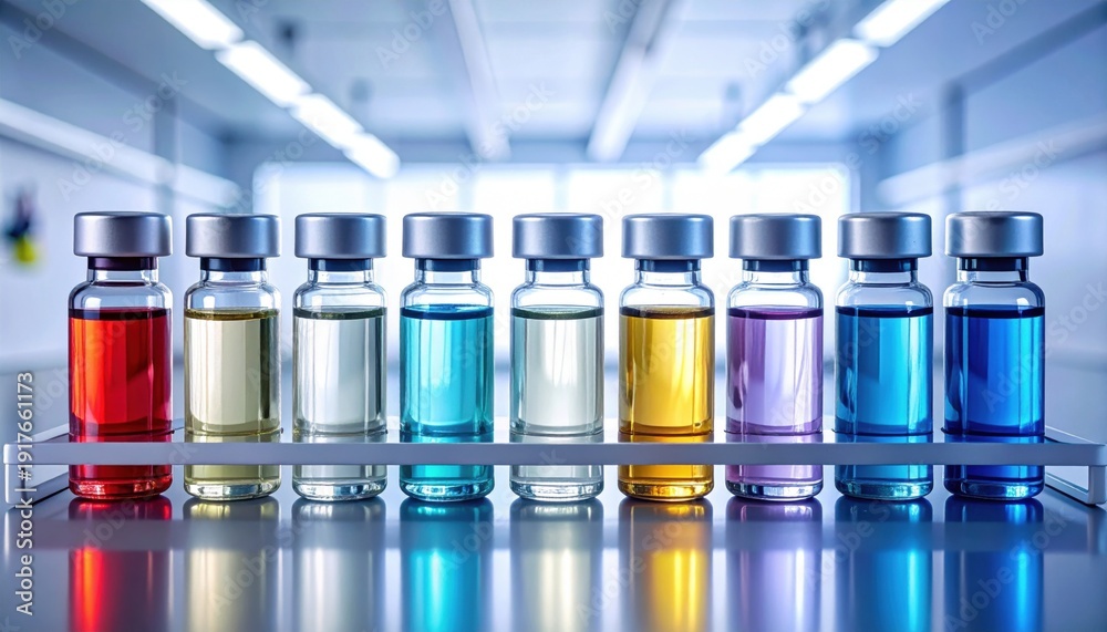 custom made wallpaper toronto digitalFlyPro Firefly Collection of sterile vials containing different colored solutions, neatly arranged in a rack under cool white lighting, perfect for scientific analysis