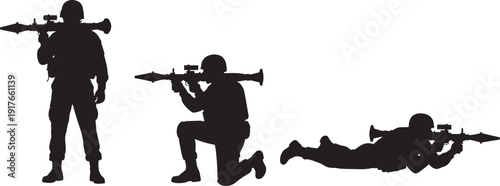 Silhouetted soldiers holding rocket‑propelled grenade launchers in standing, kneeling, and prone firing positions, illustrating tactical stances and military combat readiness