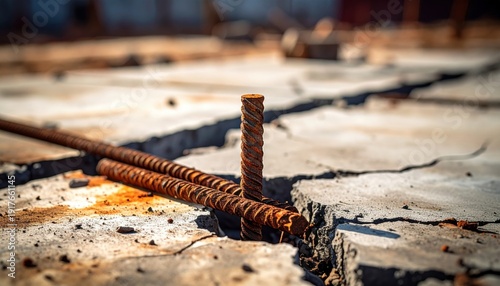 Wallpaper Mural FlyPro Firefly captures rusty metal rebar protruding from cracked concrete, a stark realistic photograph symbolizing severe structural failure and decay. Torontodigital.ca