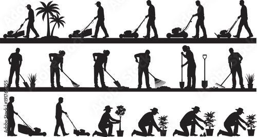 Collection of eighteen black gardening silhouettes showing lawn mowing, raking, digging, planting, and landscaping activities with tools and plants, representing outdoor work and horticulture concepts