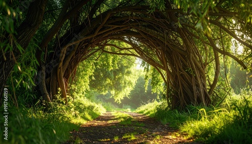 Wallpaper Mural FlyPro Firefly capture of an enchanting natural archway formed by intertwined willow branches, illuminated by dappled forest sunlight, creating a serene path. Torontodigital.ca