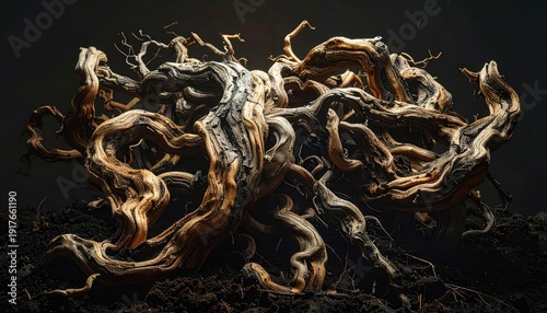 Wallpaper Mural FlyPro Firefly capture of a cluster of dried, gnarled roots intertwining in complex patterns, showing rough bark texture. Torontodigital.ca