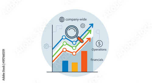 Business growth graph with magnifying glass upward arrow and financial concepts