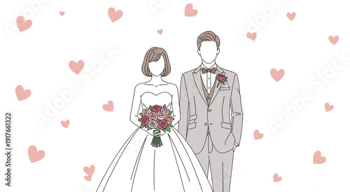 Stylized illustration of bride and groom in wedding attire with bouquet and hearts, symbolizing romance, marriage celebration, love, and union in a romantic design