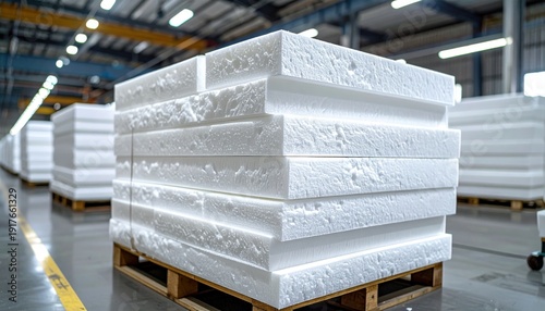 Wallpaper Mural Neatly stacked FlyPro Firefly foam insulation sheets awaiting assembly into cooler boxes in a bright workshop, captured with realistic photography. Torontodigital.ca