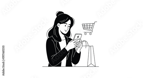 Online Shopping Woman using smartphone at home illustration