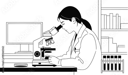 Scientist checking samples with diagnostic testing device vector illustration scene
