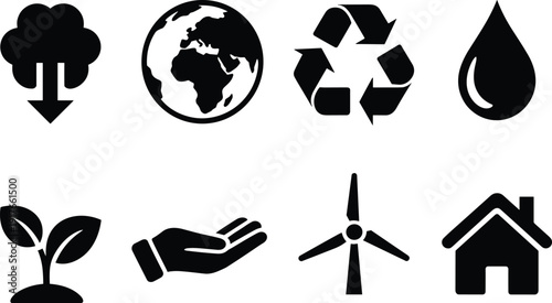 Environmental and eco icons set, recycle earth water wind energy and green home symbols isolated