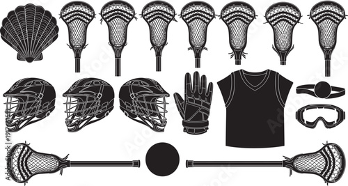 Collection of lacrosse equipment including sticks, helmets, gloves, jerseys, protective eyewear, and ball, arranged in grid format showcasing essential gear for the sport