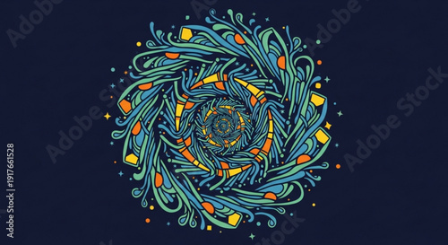 Vibrant swirling floral pattern with blue green orange and yellow hues on dark background