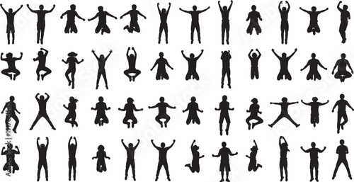 Grid of fifty black human silhouettes in dynamic jumping poses, showcasing energy, movement, and body language for animation, biomechanics, and vector design concepts
