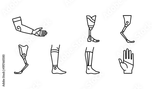 Artificial limbs prosthesis icons vector set outline