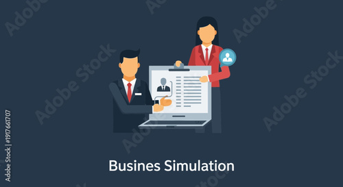 Business people reviewing document on laptop screen modern flat vector illustration