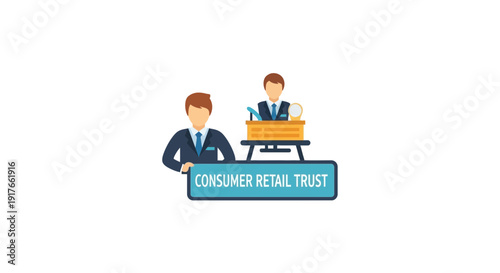 Business professionals in professional attire stand by consumer retail trust sign