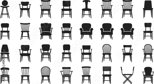 Collection of thirty unique chair silhouettes arranged in a grid, showcasing diverse furniture styles including dining chairs, armchairs, lounge seating, and stools for design inspiration