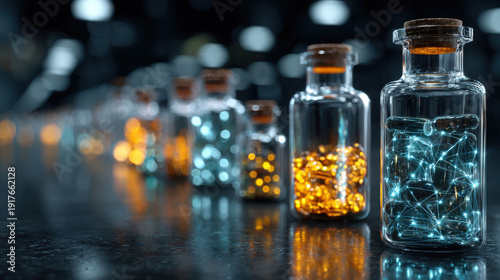 A glass flask containing a cutting-edge drug developed in a high-tech laboratory using artificial intelligence.