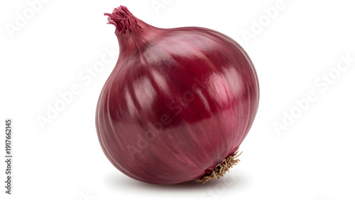 A vibrant red onion sits isolated on a clean white background