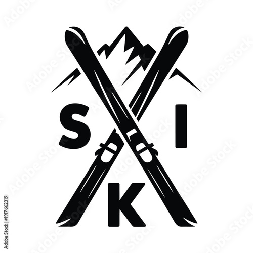 Black and white image of crossed skis with the letters ski displayed